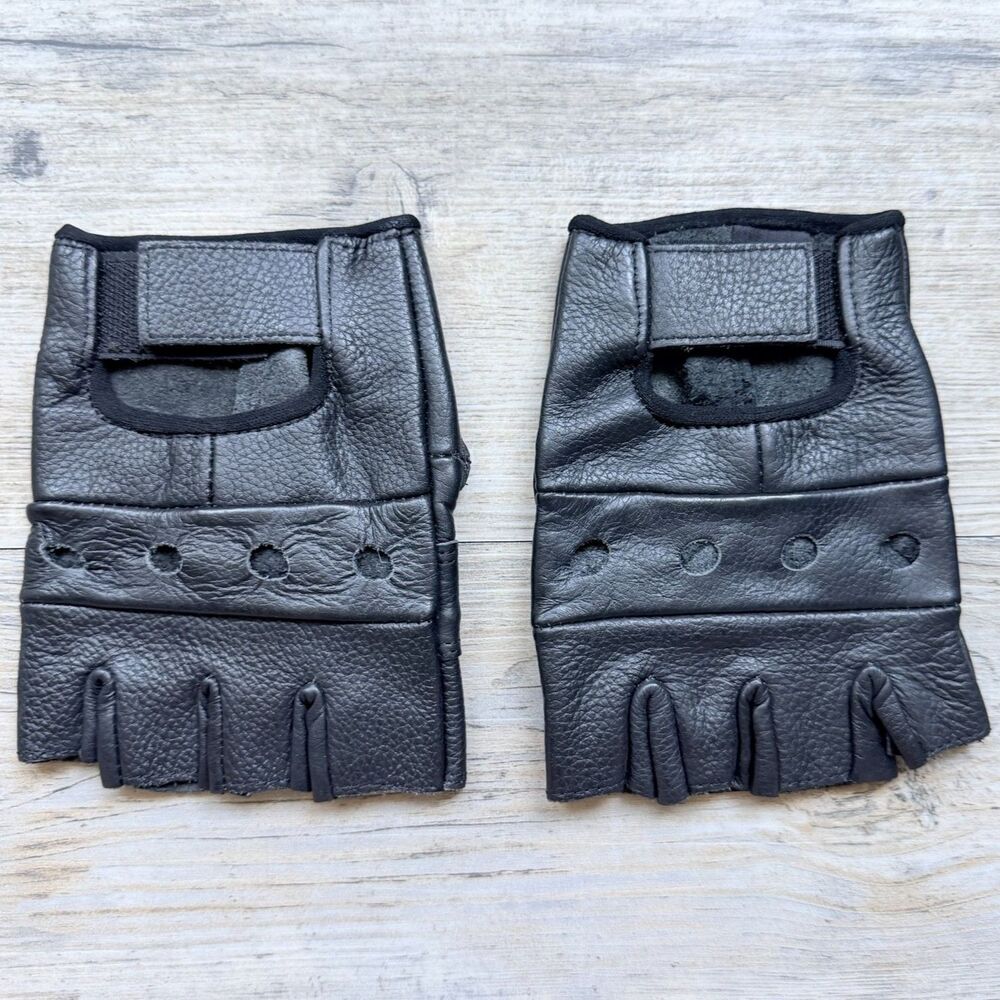 Black Genuine Leather Fingerless Riding Gloves Size Medium Motorcycle Biker